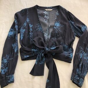 ROLLA'S Black and Blue Floral wrap tie Blouse